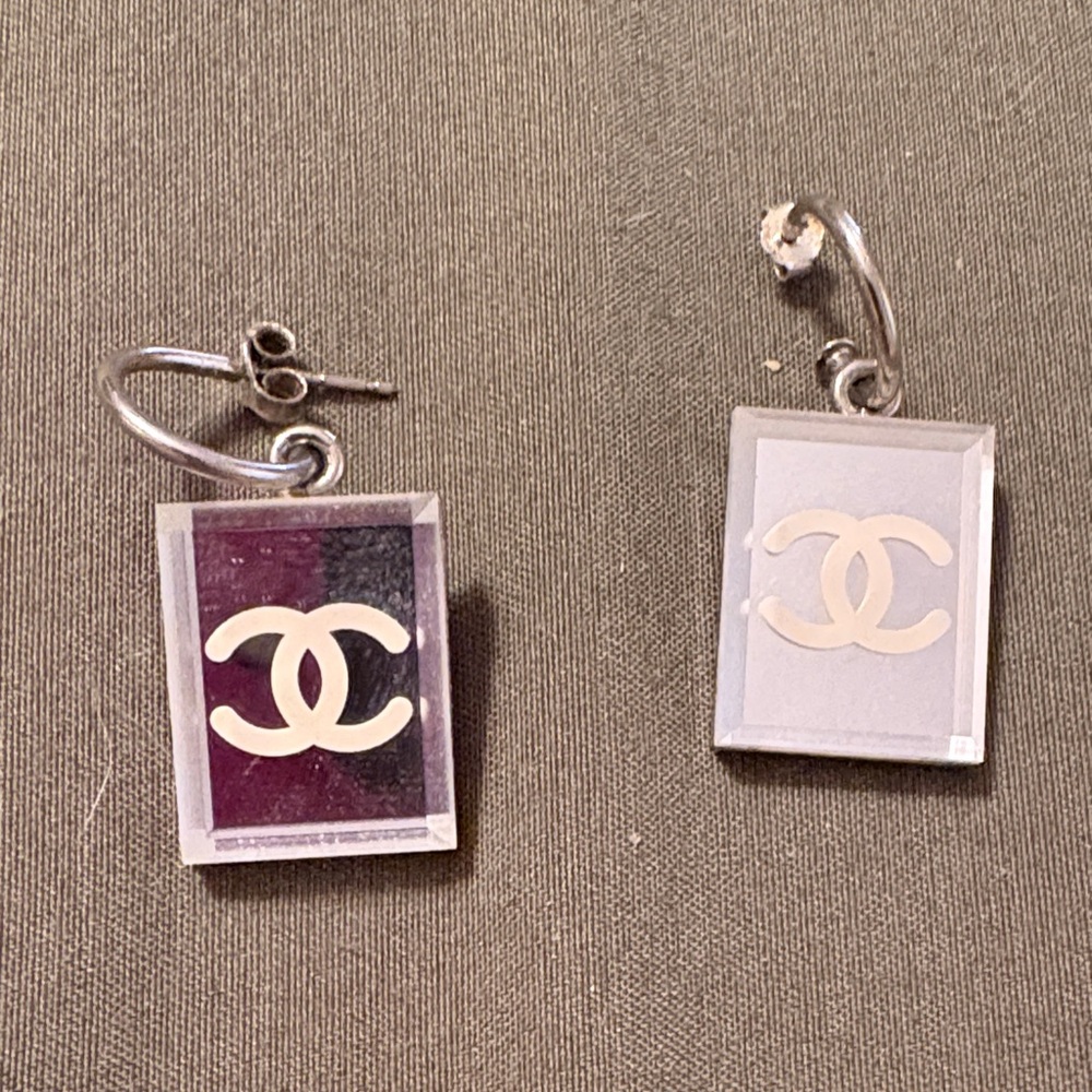Chanel Silver And Black Rectangular Earrings - image 1